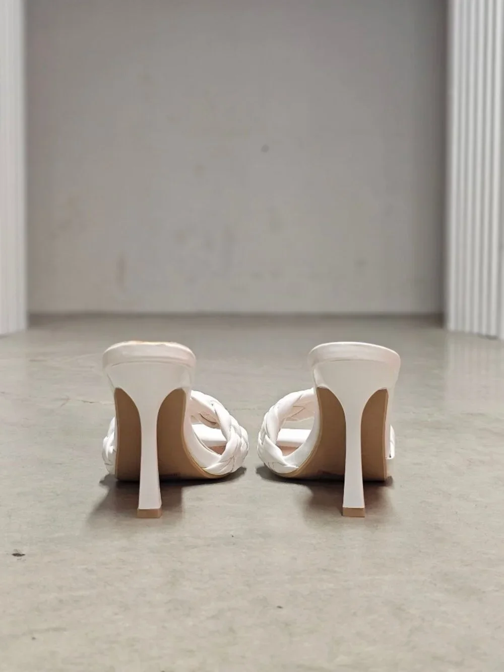 Braided White Heeled Mules With Square-Toe Design & Stiletto Heels